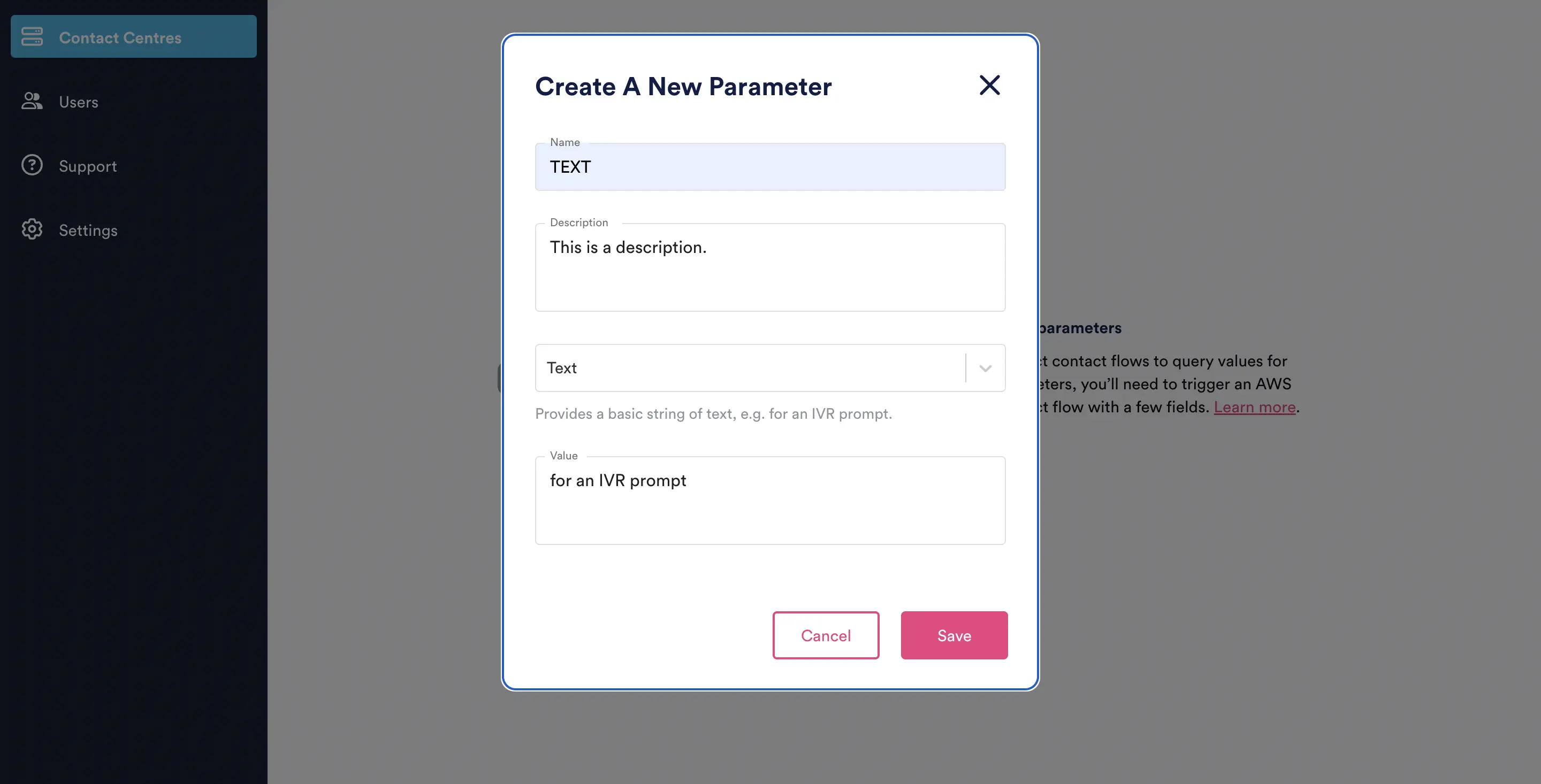 Add operational parameter modal