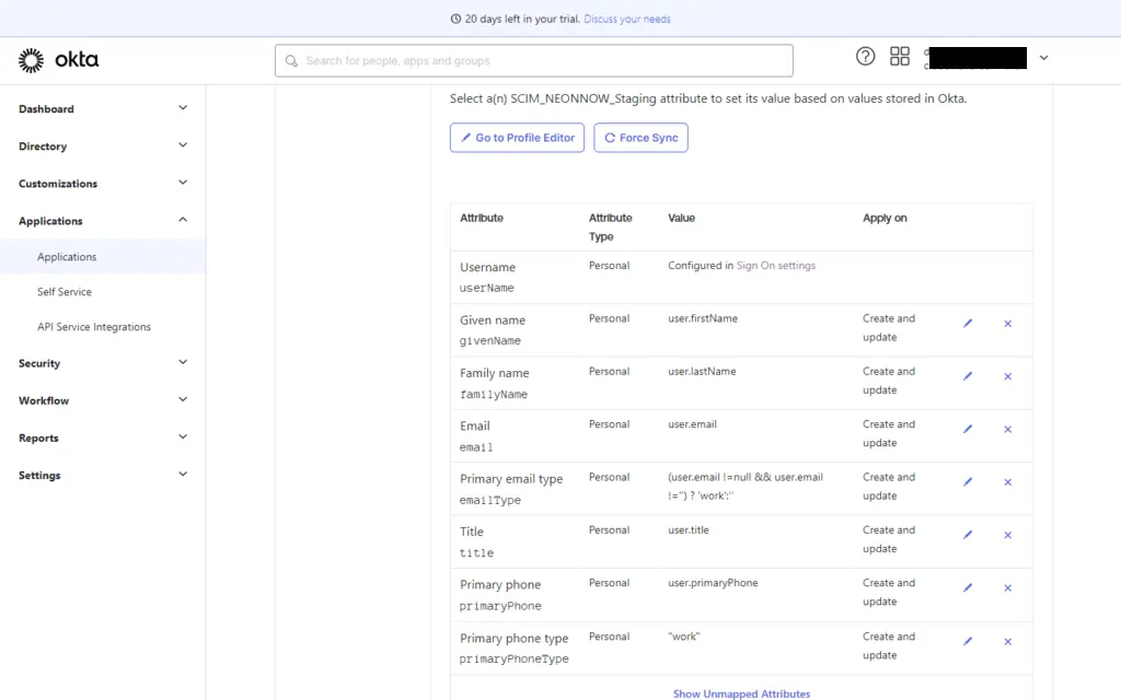 Okta app SCIM mappings